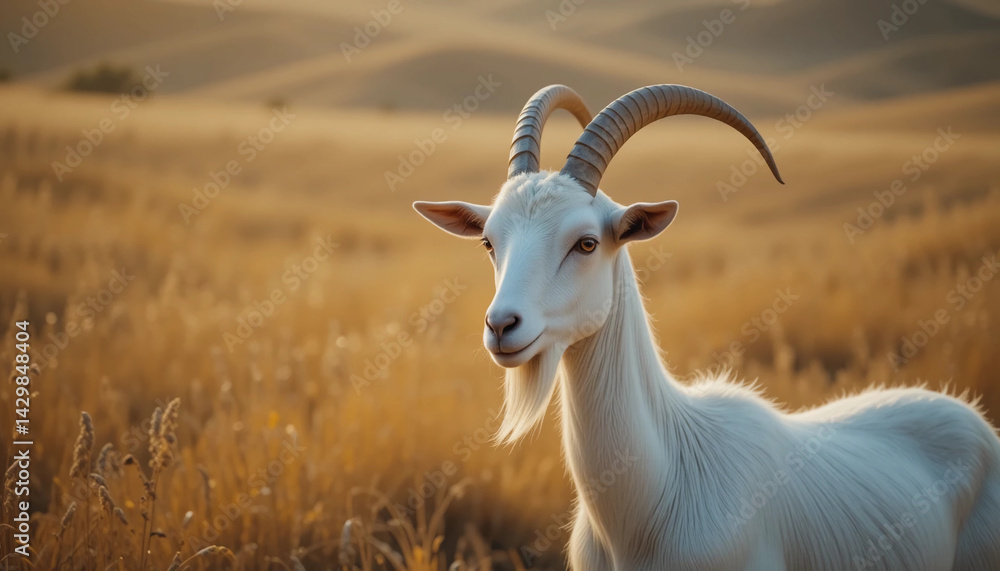 Obraz premium White goat with curved horns standing in dry golden grass field at sunset.