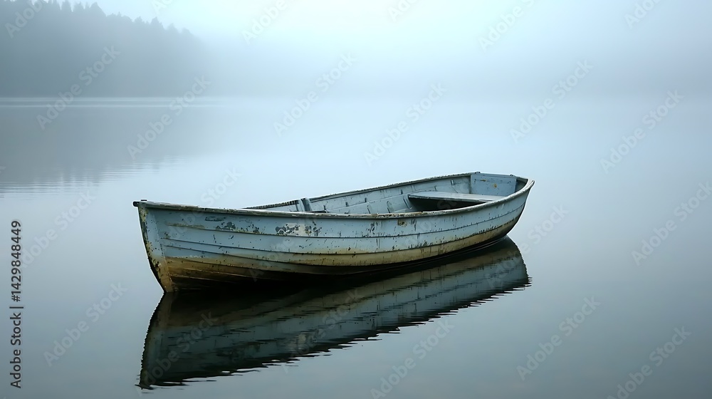 Lonely boat on a misty lake Lonely boat on a misty lake
