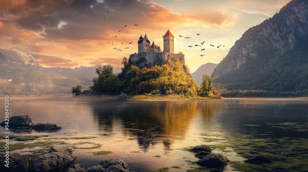 A magical castle sits on a small island, surrounded by a lake and mountains, with birds flying over it. The sunset casts an orange glow on the sky, and the water reflects the castle's image. A magical castle sits on a small island, surrounded by a lake and mountains, with birds flying over it. The sunset casts an orange glow on the sky, and the water reflects the castle's image.