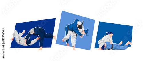 Female judoka athlete characters. Martial arts, sport, competition theme. Cartoon flat vector illustration.