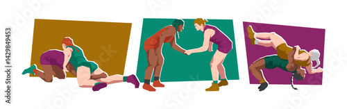 Female wrestling athlete characters. Martial arts, sport, competition theme. Cartoon flat vector illustration.
