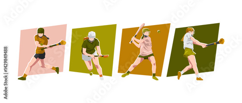 Female hurling athlete characters. Different action, pose. Cartoon flat vector illustration.