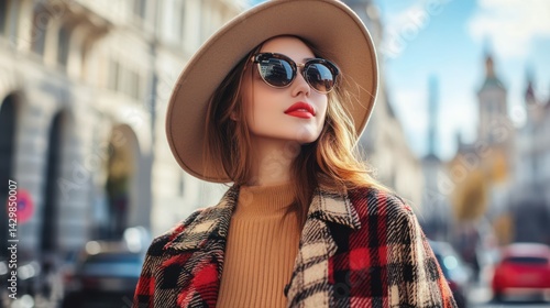 Stylish woman enjoying city views, embodying cosmopolitan charm and autumnal aesthetics