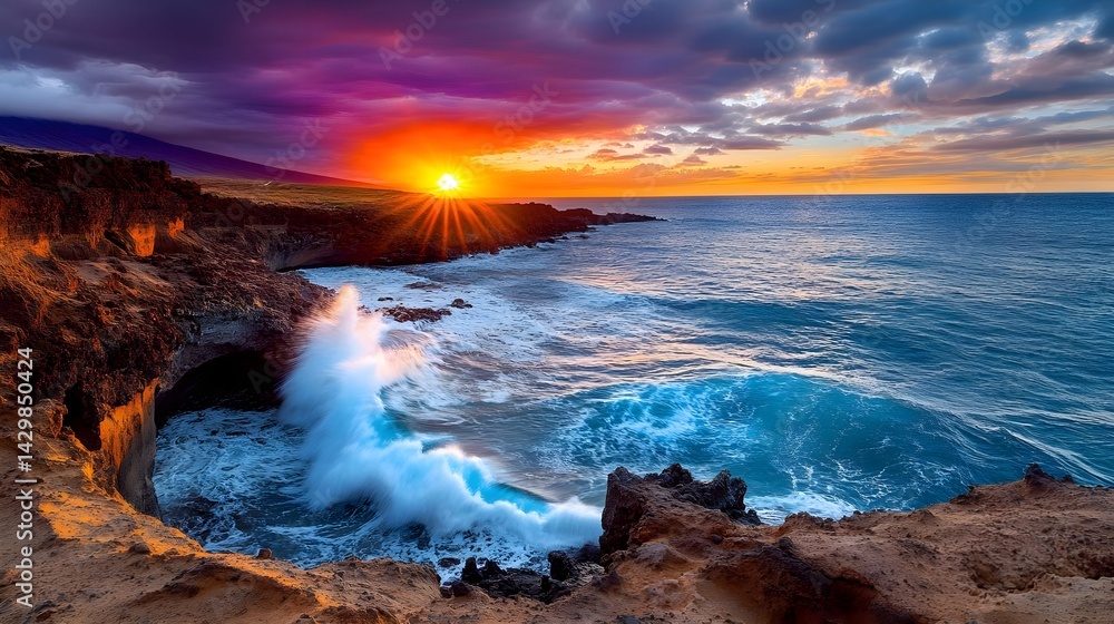 Fototapeta premium Dramatic Ocean Sunset Wave Crashing - Dramatic lighting