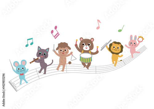 五線譜の上で楽器を演奏しながらパレードする動物たち