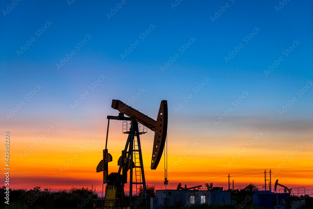 In the evening, the outline of the oil pump In the evening, the outline of the oil pump