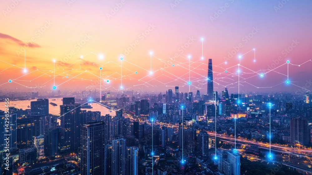 Fototapeta premium A futuristic cityscape, illuminated by a vibrant sunset.