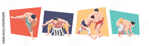 Sumo athlete character set. Martial arts, traditional, japan theme. Flat vector illustration.