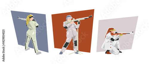 Rifle shooting female athlete character set. Competition, shooting sport. Flat vector illustration.