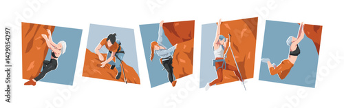 Rock climbing. Female athlete characters. Extreme sport, mountaineering. Flat vector illustration.