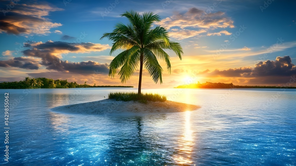 Fototapeta premium Tropical Sunset Paradise Island Palm Tree - Vibrant Color Palettes