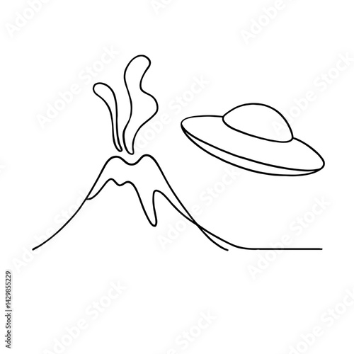 UFO flying near erupting volcano in line art style