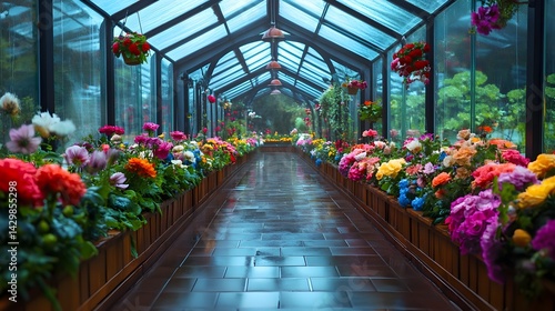 Colorful Flowers Greenhouse Walkway - Nature photography
