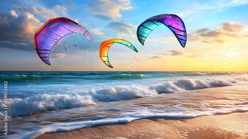 Colorful Kitesurfing Sunset Beach Scene - Active Lifestyle