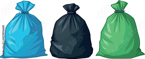  three distinct, full plastic trash bags standing side-by-side against a plain white background. 