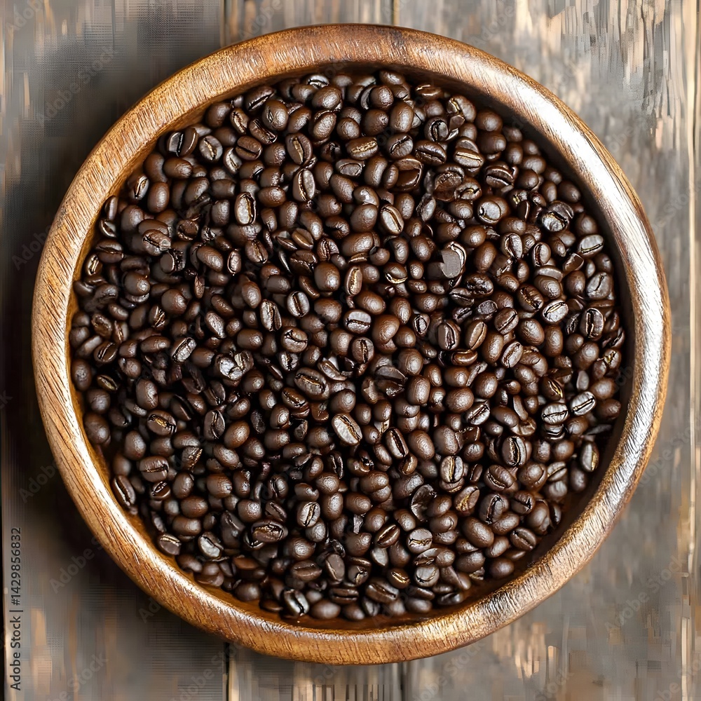 Fototapeta premium Roasted Coffee Beans in Wooden Bowl Dark Brown