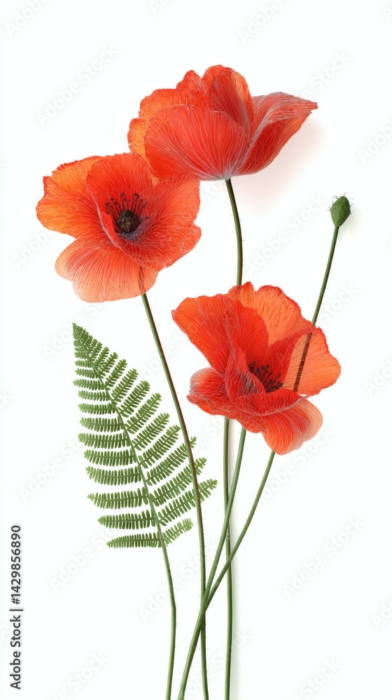 Fototapeta premium Three Vivid Red Poppy Flowers with Green Fern Leaf Against a Clean White Background