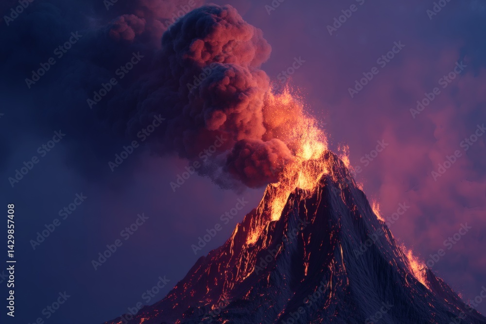Fototapeta premium Erupting Volcano with Lava Flowing down the Mountain Side with Heavy Smoke