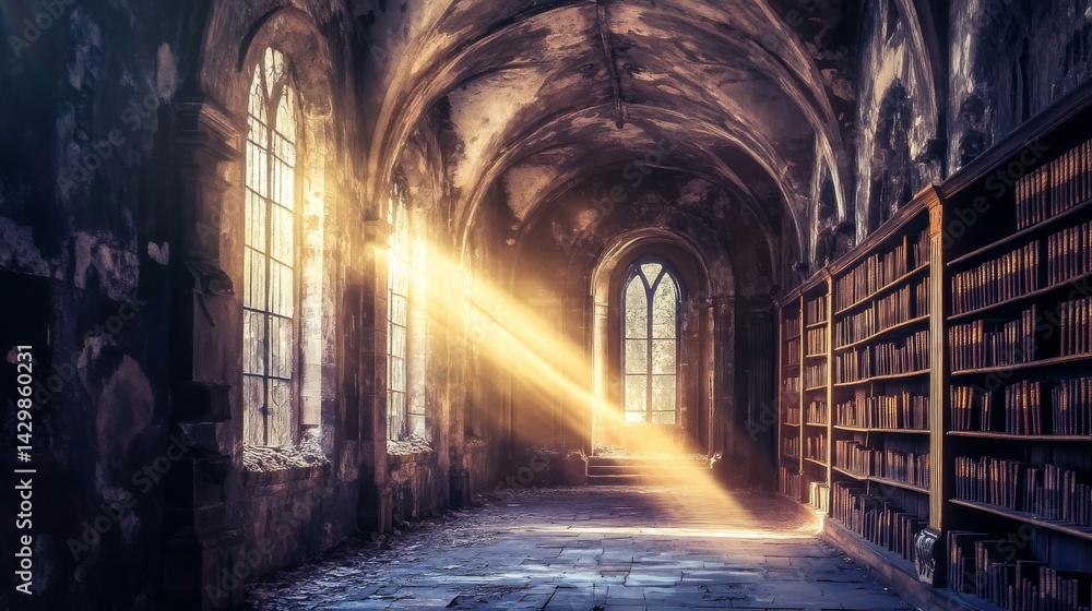 Light streaming through windows in a library hallway. Concept of knowledge, research, and education. Light streaming through windows in a library hallway. Concept of knowledge, research, and education.