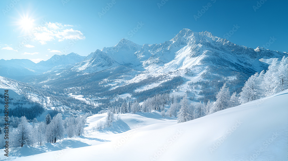 Obraz premium A drone captures the majestic snowy mountains, peaks covered in snow, stretching into the distance, leaving ample copy space above for text, branding, or adventure-themed content.