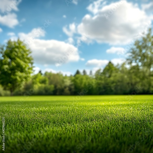 Green grass and blue sky with sun in the background. Natural background