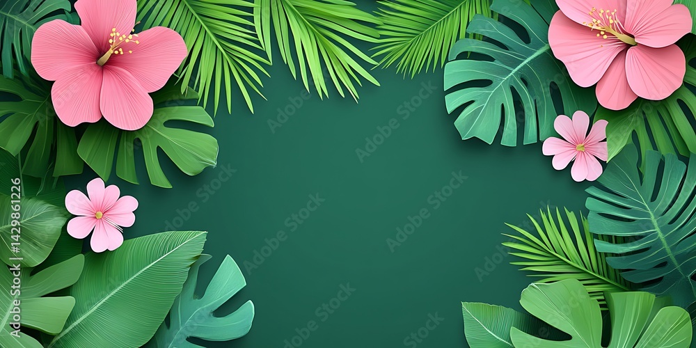 Exotic Floral Frame with Tropical Leaves on a Rich Green Background Exotic Floral Frame with Tropical Leaves on a Rich Green Background