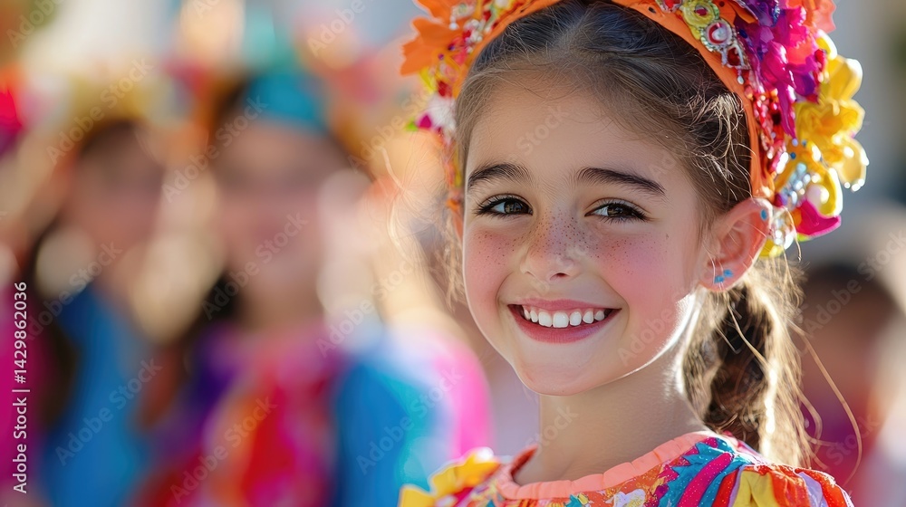 Smiling young girl with colorful flower crown in vibrant costume Smiling young girl with colorful flower crown in vibrant costume
