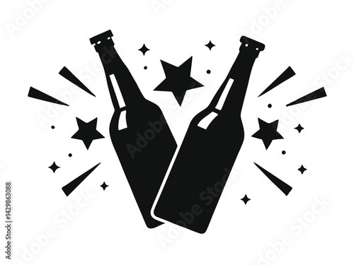 Cheers beer bottles sparkles stars black silhouette vector. Two beer bottles, cheers vector illustration.