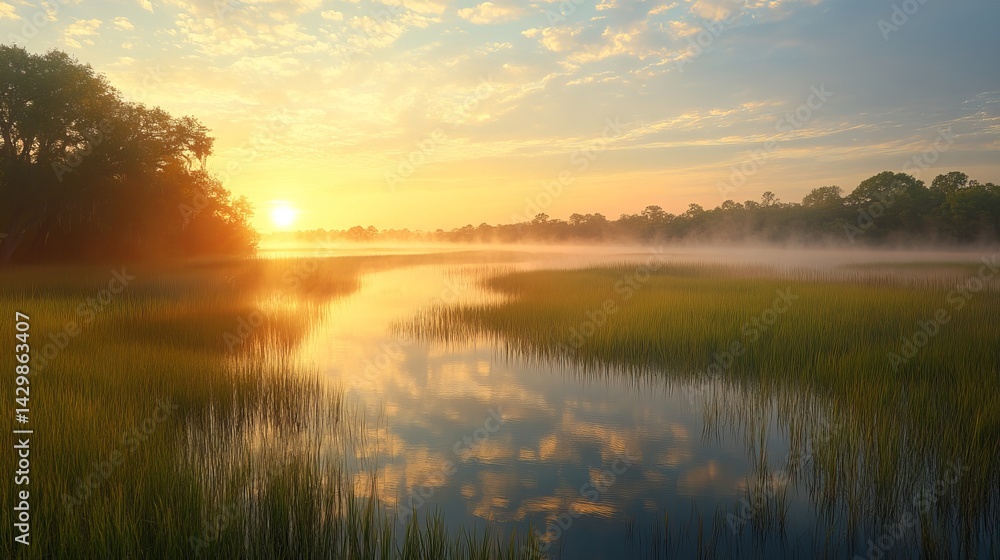 Golden sunrise over a tranquil river with fog and reflections amidst lush greenery and distant trees Golden sunrise over a tranquil river with fog and reflections amidst lush greenery and distant trees