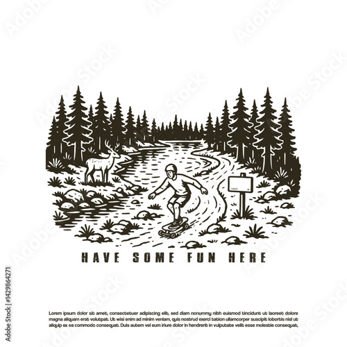 Vintage retro extreme skateboarding across the wild forest vector illustration