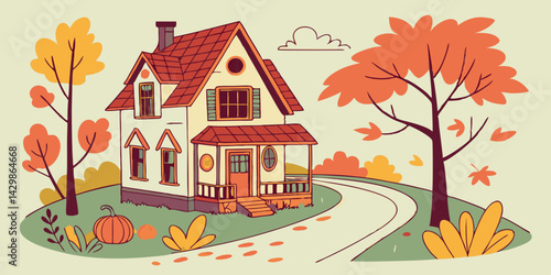 Colorful fantasy house in autumn background vector illustration.

