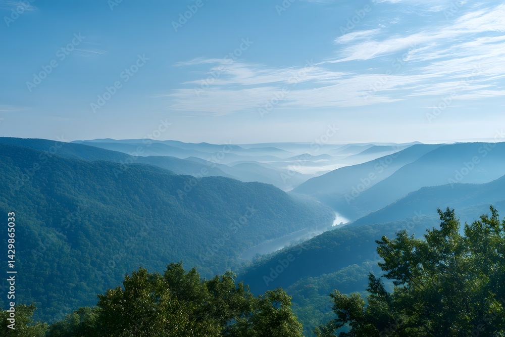 Obraz premium Misty Mountain Landscape with River, Forest Canopy, and Blue Sky Scenery