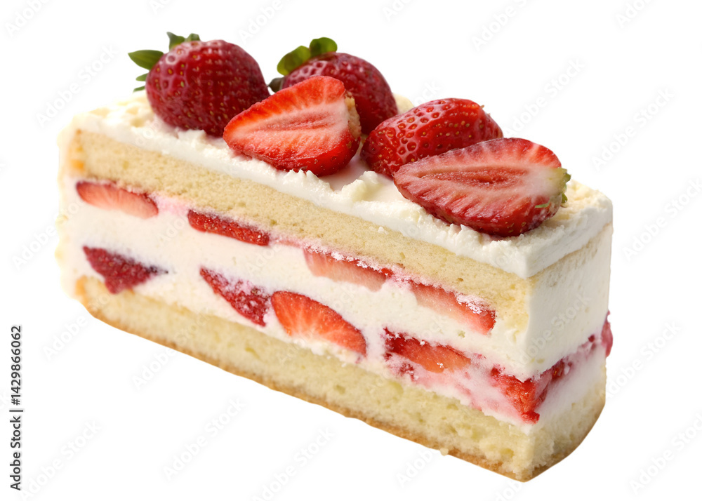Slice of strawberry shortcake with fresh cream, fluffy sponge layers, and whole strawberry topping
Slice of strawberry shortcake with fresh cream, fluffy sponge layers, and whole strawberry topping