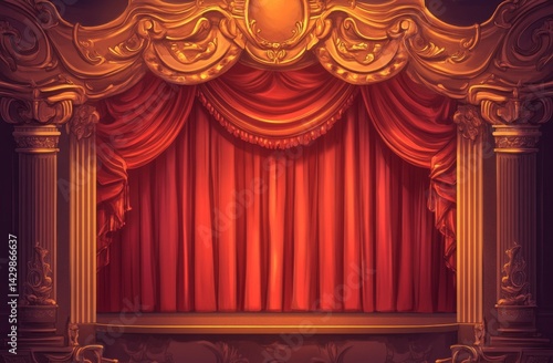 Ornate theatre stage with rich red curtains.  Detailed golden decorative elements