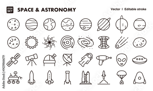 Space and astronomy line icon set. Vector editable stroke icon.