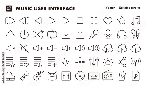 Music and audio user interface line icon set. Vector editable stroke icon.