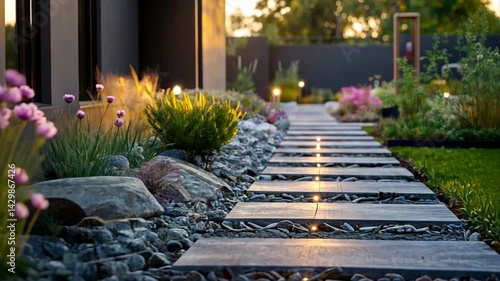 Serene backyard retreat, captivating stone pathway leading through lush flowering plants and subtle lighting