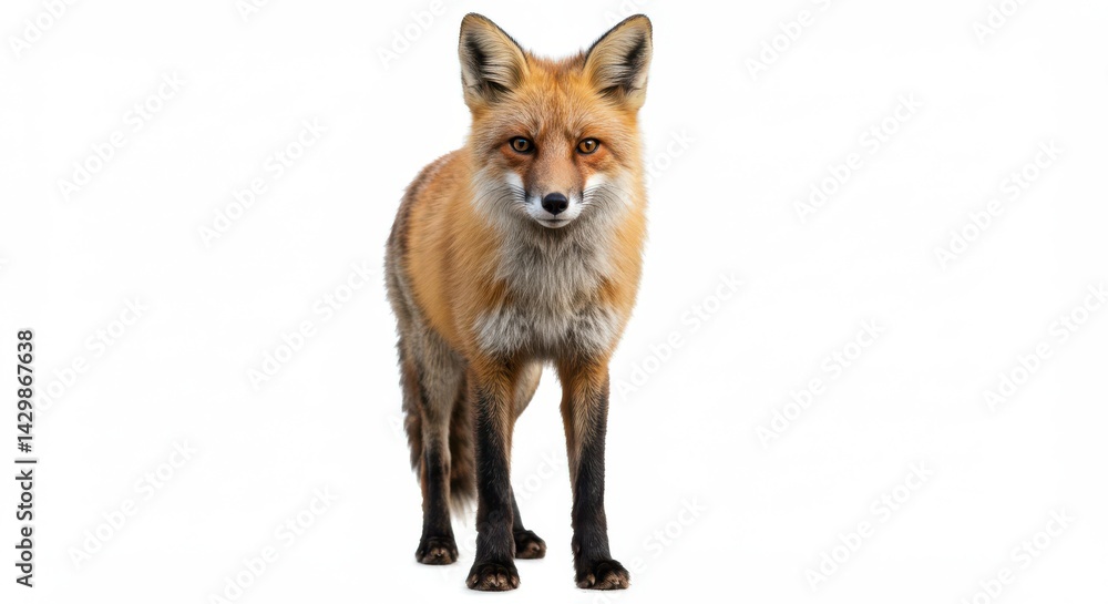 Fototapeta premium Standing fox looking at camera on white background