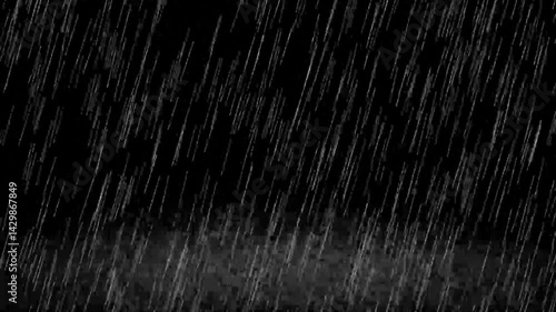 Animated rain background Raindrops splashing on black screen. Isolated Strong raining motion overlay  footage animation.falling  heavy rain drop looping effect backdrop. Heavy rainstorm background.
