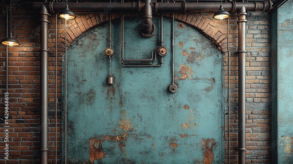 Industrial Chic: Weathered Teal Wall with Exposed Pipes and Ligh Industrial Chic: Weathered Teal Wall with Exposed Pipes and Ligh