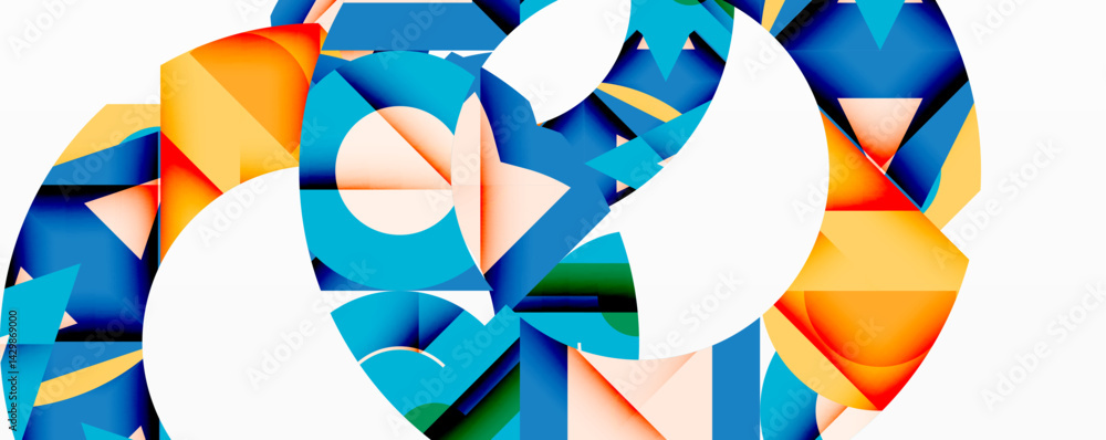 Abstract geometric shapes overlap, creating dynamic composition. Blues, oranges, whites dominate design. Modern, vibrant aesthetic. Abstract geometric shapes overlap, creating dynamic composition. Blues, oranges, whites dominate design. Modern, vibrant aesthetic.