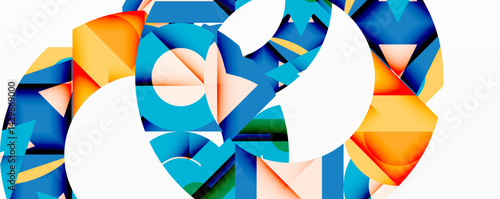 Abstract geometric shapes overlap, creating dynamic composition. Blues, oranges, whites dominate design. Modern, vibrant aesthetic.