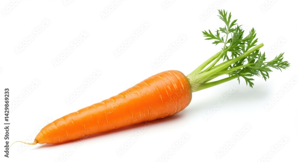 Fresh carrot with greens laying down on white background Fresh carrot with greens laying down on white background