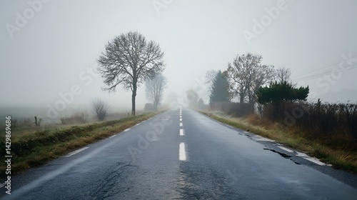 Misty Road Through Countryside Trees, Wet Asphalt After Rain, Foggy Conditions
