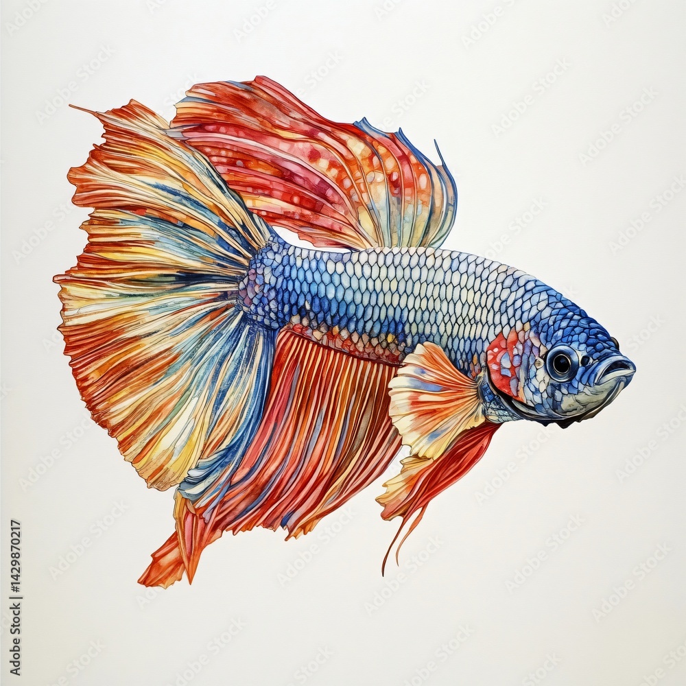 Fototapeta premium Vibrant Watercolor Painting of a Siamese Fighting Fish Displaying its Magnificent Fins and Colors