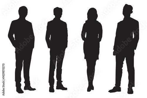 Business men and women standing silhouette. Group of businessman and woman. Office workers. vector silhouettes. 