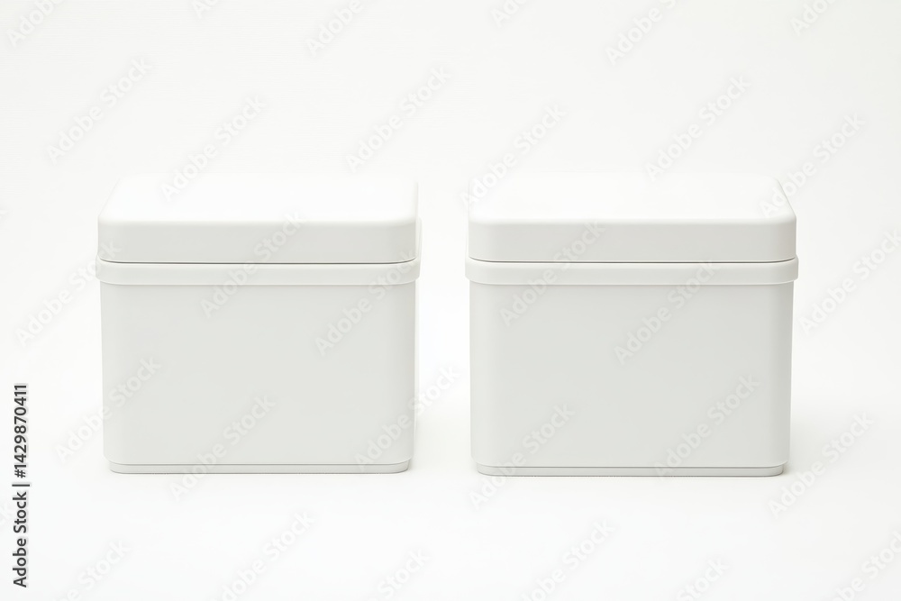 Two identical white square metal tins on a plain white background. Two identical white square metal tins on a plain white background.