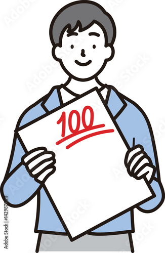 100点のテストを持って笑顔で喜んでいる男子高校生のシンプルな上半身のイラスト素材