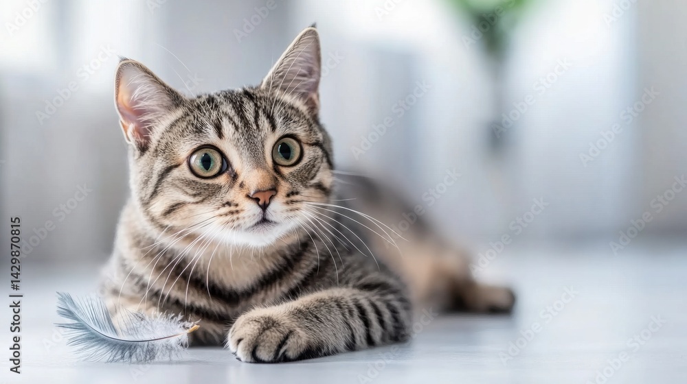 Fototapeta premium A curious tabby cat lays on a soft surface, watching intently a feather toy nearby in a well-lit indoor setting