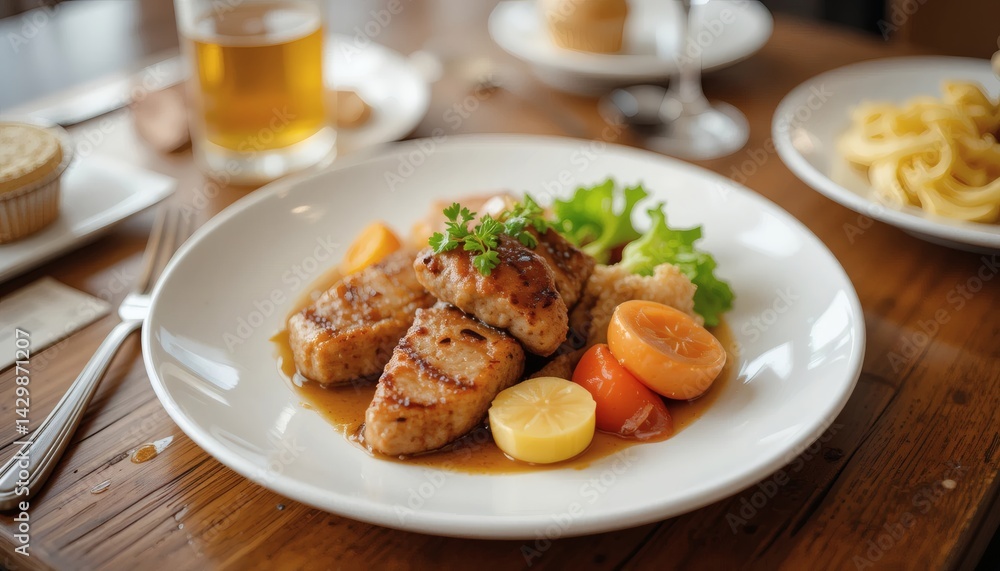 Delicious pork chop dinner with vegetables on wooden table setting Delicious pork chop dinner with vegetables on wooden table setting